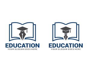 Education logo with Book, pen and graduation cap design  vector template.