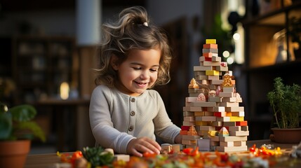Child's Creative Exploration: Building a Tower with Colorful Blocks, Early Learning and Fine Motor Skills Development in Playful Education - obrazy, fototapety, plakaty