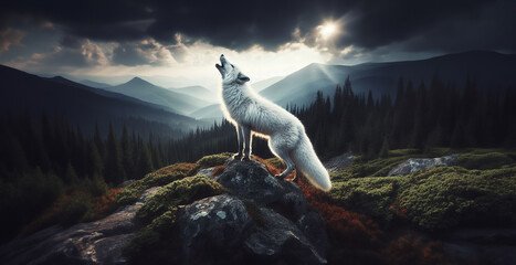 The fox raised its neck and howled in the deep forest amidst the surrounding high mountains