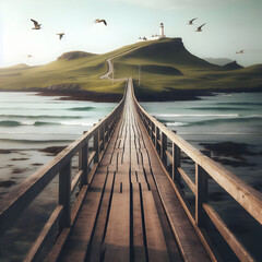 Long Wooden Bridge over a Rippling Atlantic Pacific Ocean Sea Leading to a Shoreline Maritime Marine Nautical Lighthouse Light Ray Tower with Lots of Sky Seagulls, Top of Hill Landscape Road & Trails - obrazy, fototapety, plakaty