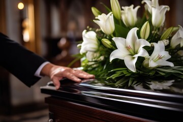 White lilies on the coffin lid. Black coffin and white flowers. Farewell and burial ceremony. - obrazy, fototapety, plakaty