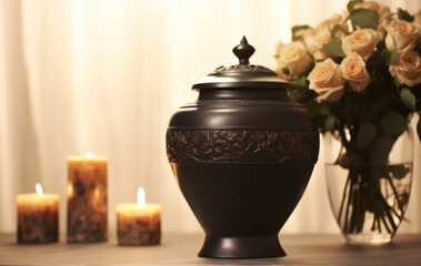 Black cremation urn with roses, church background and burning candles. Urn with ashes and flowers.