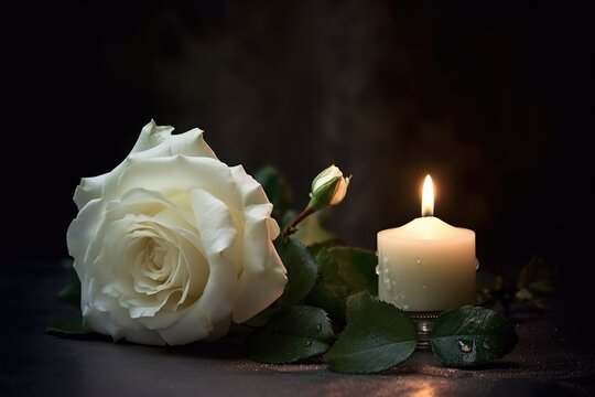 White rose and burning candle. A flower and a candle are a symbol of memory and grief.