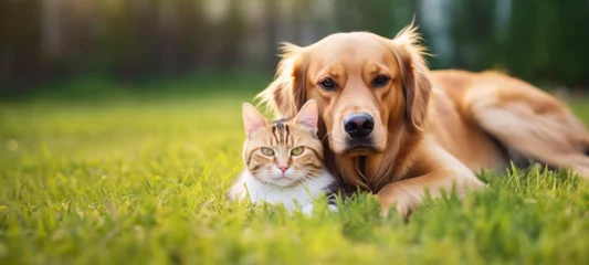 Gordijnen Cute dog and cat lying together on a green grass field nature in a spring sunny background © chiew