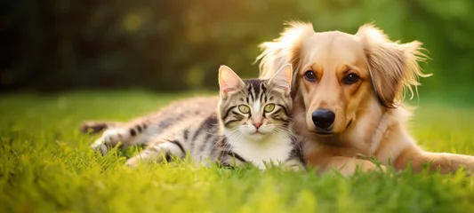 Foto op Aluminium Cute dog and cat lying together on a green grass field nature in a spring sunny background © chiew