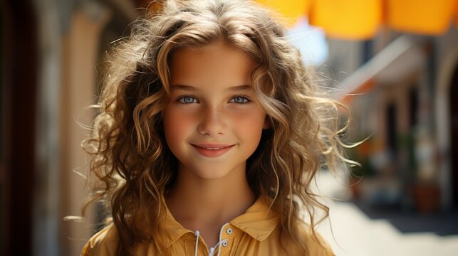 Happy beautiful girl smiling in the city street. Closeup Portrait of a smiling cute Caucasian kid standing on the sidewalk. Cheerful European pre-teen child with perfect white teeth outdoors closeup.