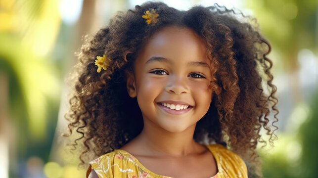 Happy african american girl smiling in the city. Closeup Portrait of a happy African kid standing on a European city street. African female child with perfect white teeth closeup. .