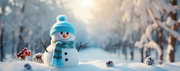 Snowman wearing a hat and scarf in winter scenery. Merry Christmas and Happy New Year greeting card. Forest background.