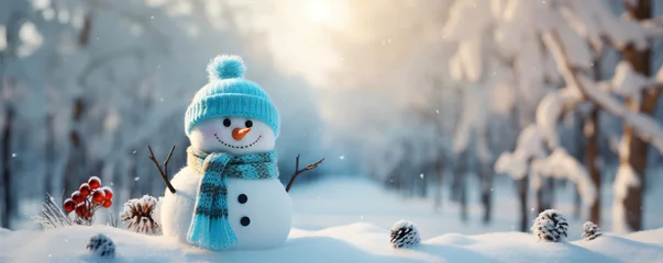 Foto op Plexiglas Snowman wearing a hat and scarf in winter scenery. Merry Christmas and Happy New Year greeting card. Forest background. © Rabbit_1990
