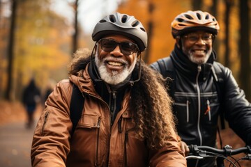 Elderly smiling couple in safety helmets riding bicycles together to stay fit and healthy. African American seniors having fun on a bike ride in autumn park. Retired people lead active lifestyle.