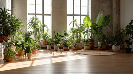 Fototapeta na wymiar Contemporary loft with plants on wooden floor.