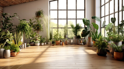 Contemporary loft with plants on wooden floor.