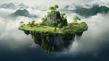 Floating island, Flying green forest land with trees, green grass, mountains, blue water and waterfalls isolated with clouds.
