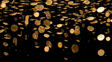 Gold coins raining on black background.