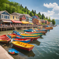Fototapeta na wymiar A bustling lakefront town with colorful boats docked along the shore and a lively market Boats On Lake front Market Or Docking Yard