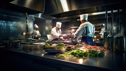 Professional kitchen with chefs cooking in restaurant kitchen.