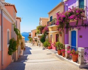Small sunny summer pastel color street with colorful houses and flowers on balcony. Creative sea...