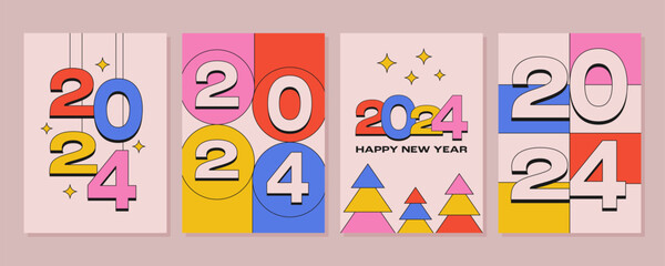 Modern colorful 2024 Happy New Year design in y2k style. Minimalistic templates for covers, cards. Vector illustration