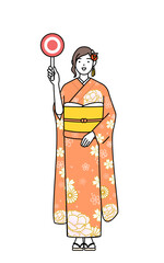 正解を示すマルの棒を持つ振袖姿の女性、お正月の初詣や成人式、卒業式や結婚式などで