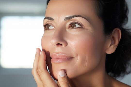 Close-up of middle-aged Caucasian woman touching her face to apply moisturizer. Smiling face of adult brunette lady with daily cream, facial cosmetics. Skin care. Grey background, copy space.