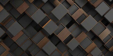 3d illustration. Seamless geometric wallpaper made of metallic black and gold rectangles randomly arranged on a gray background. High quality seamless realistic texture, Generative AI - obrazy, fototapety, plakaty
