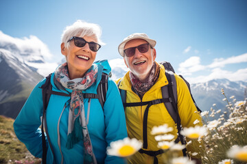 Happy smiling elderly couple with sunglasses hiking in the Alp mountains. - obrazy, fototapety, plakaty