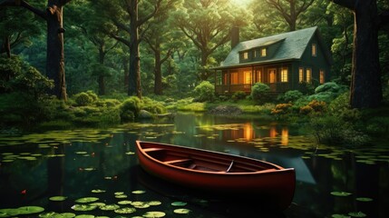wooden old boat on the river near a house