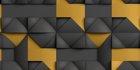 3d illustration. Seamless geometric wallpaper made of matte black gray leather and yellow rectangles randomly positioned. Abstract checkerboard. High quality seamless realistic texture, Generative AI