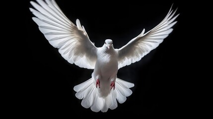 White dove or pigeon with outstretched wings on black background