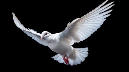 White dove or pigeon with outstretched wings on black background