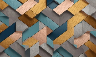 3D illustration.Geometric seamless 3D pattern in colors wood fragments with golden elements. Asymmetric composition, Generative AI