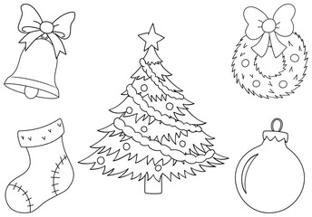 Christmas elements tree, bell, sock, wreath and ornament. Christmas coloring book page for children. 