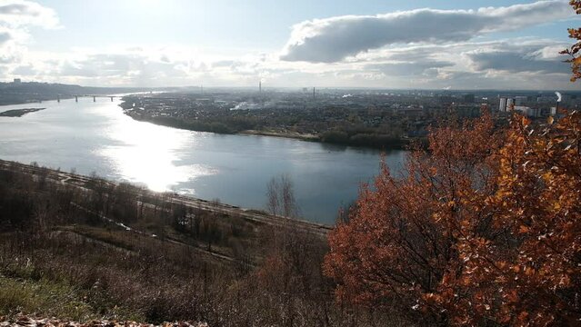 Autumn city central park "Switzerland" in Nizhny Novgorod. View of the Oka River.