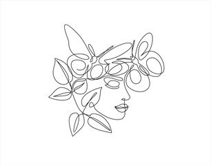 Beautiful woman face with butterfly. Abstract composition hand draw continuous line. Hand-drawn vector line-art illustration. One Line style drawing.