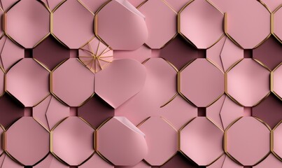 Geometric seamless pattern in pink with golden decor. Hexagon tiles with relief materials. 3D render, Generative AI