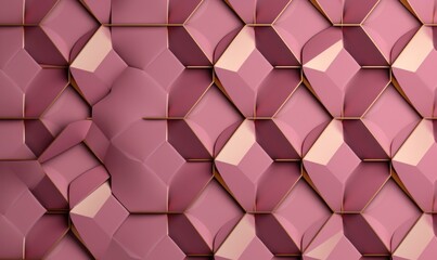 Geometric seamless pattern in pink with golden decor. Hexagon tiles with relief materials. 3D render, Generative AI