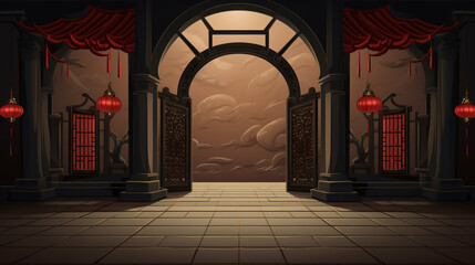 An illustration of a grand entrance gate adorned with traditional Chinese lattice work and red lanterns, copy space.