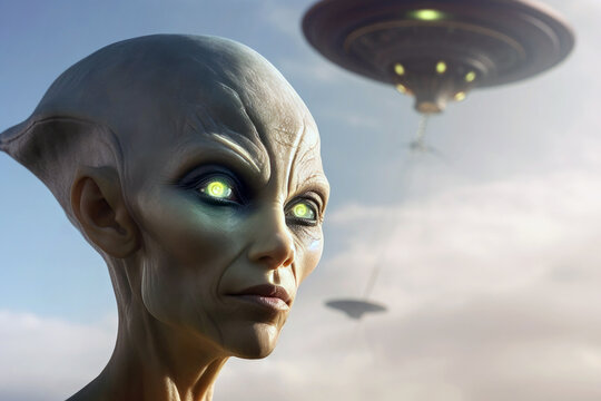 Unidentified cosmic visitor: alien portrait and UFO