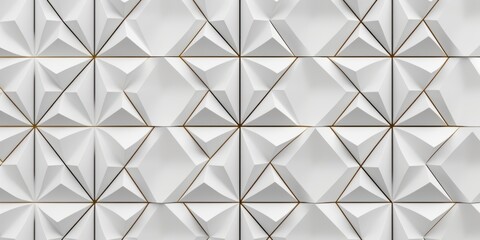 Wallpaper of 3D tiles white rhombuses and triangles with gold decor elements. High quality seamless realistic texture, Generative AI