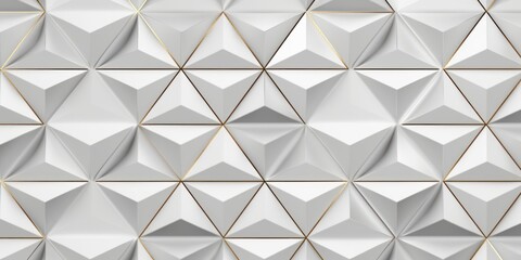 Fototapeta na wymiar Wallpaper of 3D tiles white rhombuses and triangles with gold decor elements. High quality seamless realistic texture, Generative AI