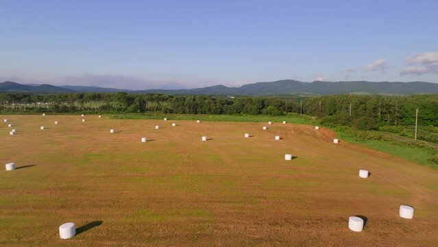 Slow move over freshly harvested hay bales on farm in morning light