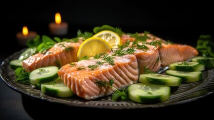 Fresh cooked delicious salmon steak with spices and herbs baked on a grill. Healthy seafood food