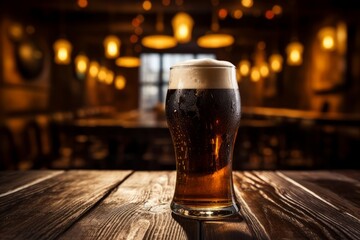Under the soft lighting of an old-fashioned pub rests a tantalizing pint of creamy Oatmeal Stout beer - obrazy, fototapety, plakaty