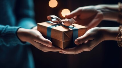 close up of someone holding a gift box tied with a bow - obrazy, fototapety, plakaty