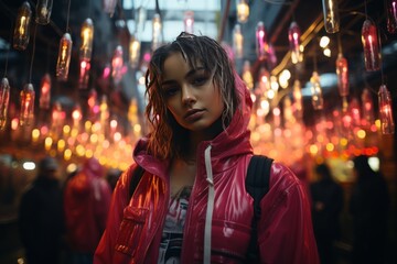 Portrait of young beautiful girl in bright stylish clothes against night city lights background. Sexy girl posing on night city street. Teen girl in a night city. Youth nightlife and urban atmosphere.