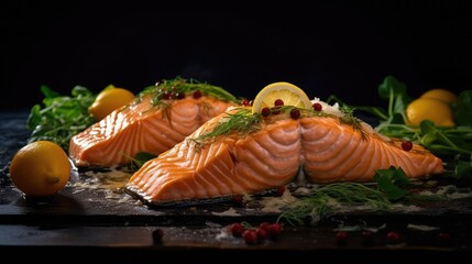 Fresh cooked delicious salmon steak with spices and herbs baked on a grill. Healthy seafood food