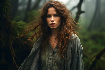 Naklejka premium Long haired Caucasian woman lost in summer forest at day. Neural network generated image. Not based on any actual person or scene.