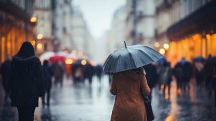 Rainy Day in the City.
Person walking under umbrella on a rainy city street.