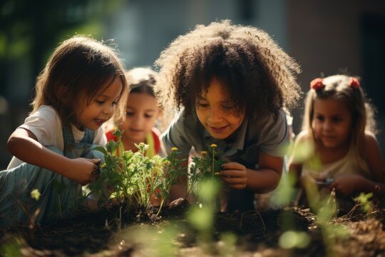 Beautiful little multi-ethnic children bend over a tiny green sprout in the garden. Adorable enfants with different skin colors plant a plant in the ground together. Diversity and free communication.