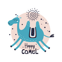 Happy Camel! Cute Camel Cartoon Design For T-shirt And Other Merchandise, Camel Sticker Illustration